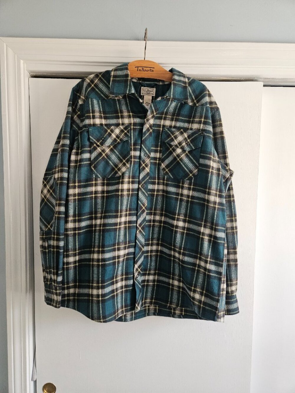 L.L. Bean Teal Snap Buttons Plaid Flannel Large Shirt - Picture 2 of 8
